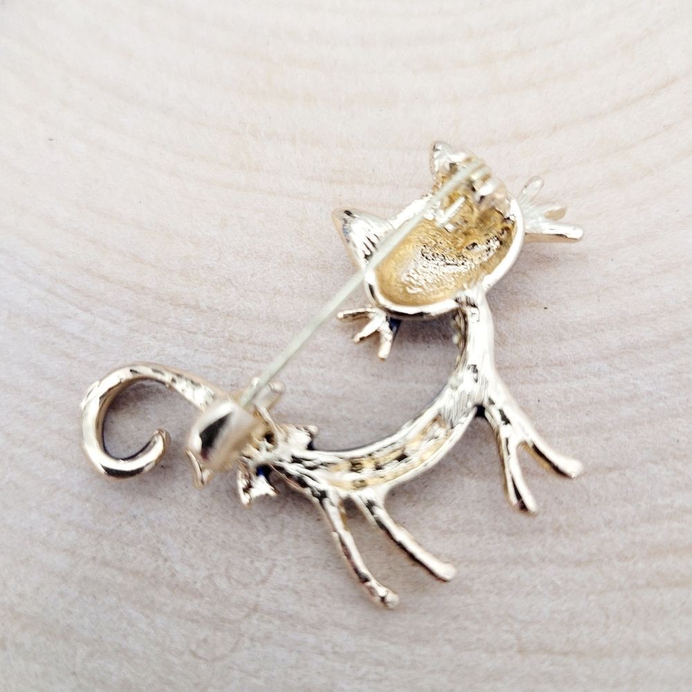 Brand New Gold Tone Blue Cat Rhinestone Brooch Pin - Picture 2 of 7